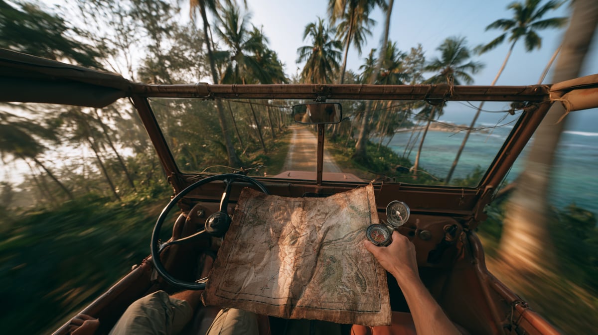 A grand, devastating 16:9 vertical wide-angle shot looking forward from an open-air vintage jeep interior. The figure has a hand holding a rustic map and compass, driving along a scenic coastal road surrounded by palm trees. Soft, golden hour light, blurred motion of trees, turquoise ocean. Aesthetic colors, 8k, photorealistic
