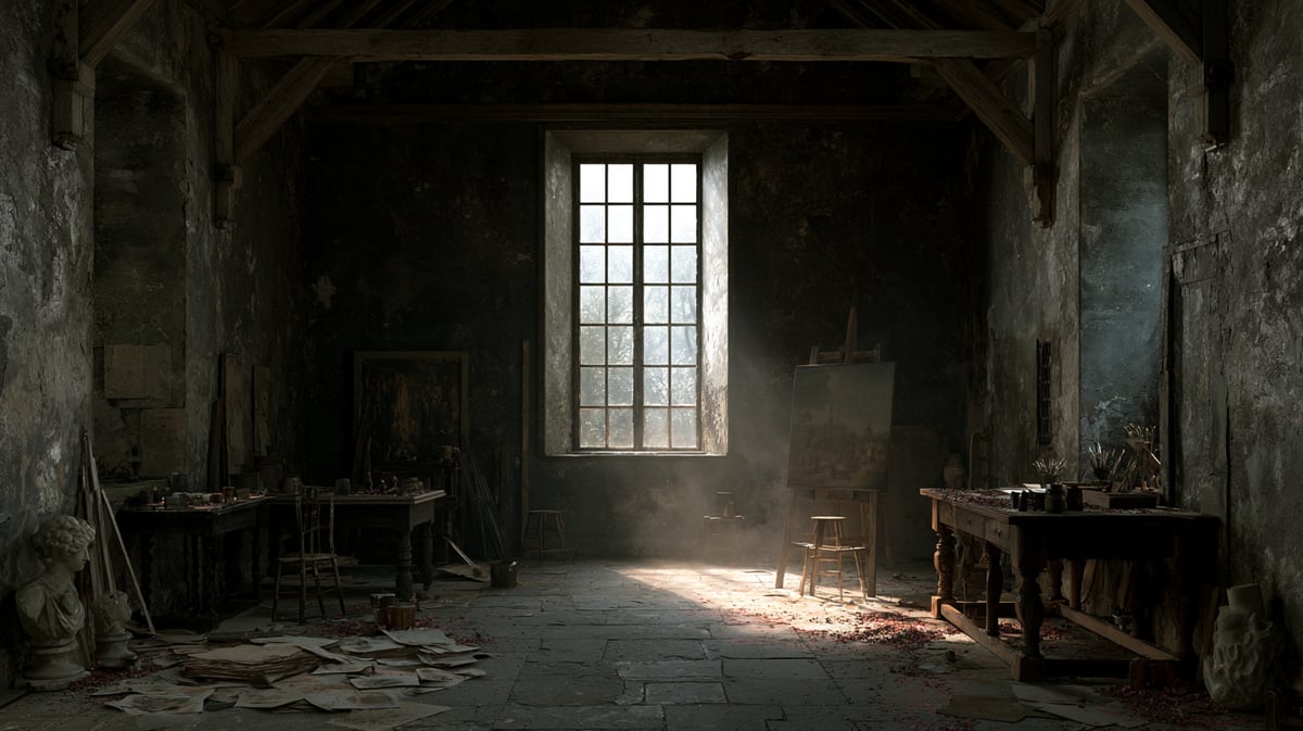 An intimate 16:9 historical drama trailer scene themed around fine art. A Renaissance artist's workshop filled with scattered sketches, raw pigment powders, and marble sculptures. Dramatic Vermeer-style north-light streams through a large window, cutting through the dusty dark space and illuminating a half-finished oil painting on canvas. Deep rich textures, classical composition, filmic quality