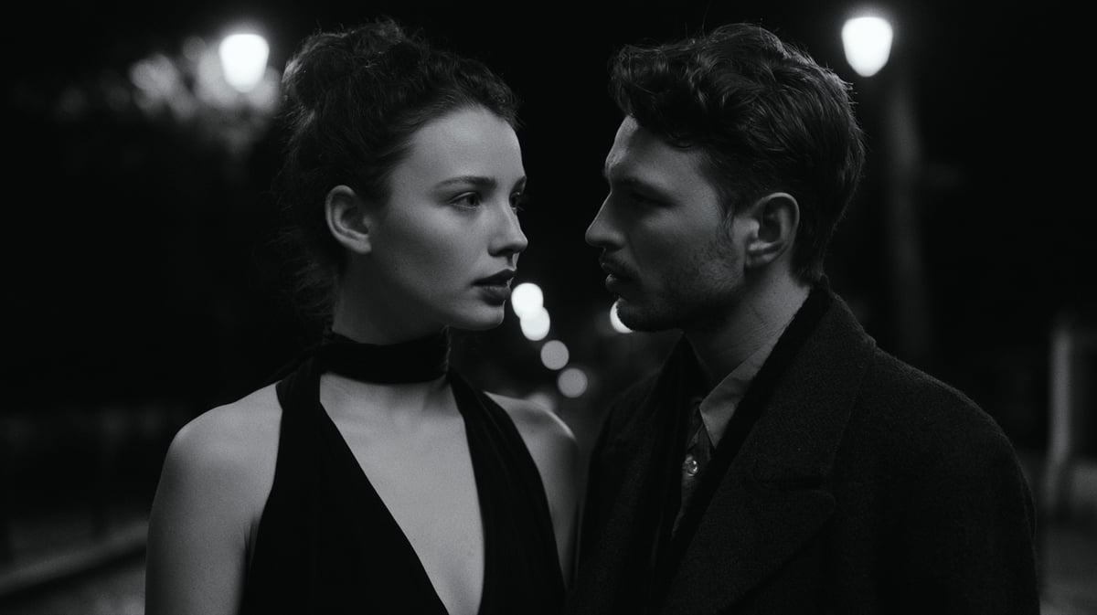 A timeless 16:9 French New Wave romantic drama trailer scene, beautiful monochrome. A candid close-up of a couple sharing a quiet, emotional moment on a misty European street at night, captured with subtle motion blur that conveys raw emotion. Vintage analog film grain, soft atmospheric lighting from distant street lamps, rich mid-tones, cinematic depth of field
