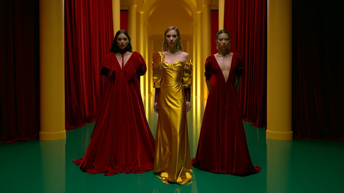 An opulent 16:9 cinematic fashion thriller trailer scene. Heavy primary red velvet drapes contrasted sharply against a glossy emerald green lacquer floor, with architectural columns in pure primary yellow creating a bold grid. Intense primary color contrast, sharp spotlight illumination, deep shadows, cinematic depth of field, haute couture campaign vibe