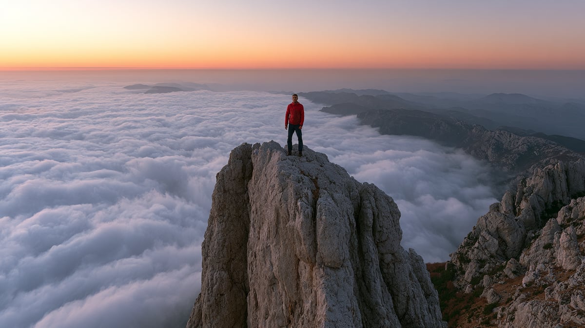 An exquisite, sun-drenched 16:9 vertical wide-angle view of a monumental mountain peak at sunrise. A single, powerful figure clad in technical adventure gear (crimson red jacket) is captured looking over a vast ocean of clouds. The horizon is painted in rich warm sunrise orange and amber tones, with soft light flooding the scene. Hopeful and inspiring glow, majestic, highly detailed