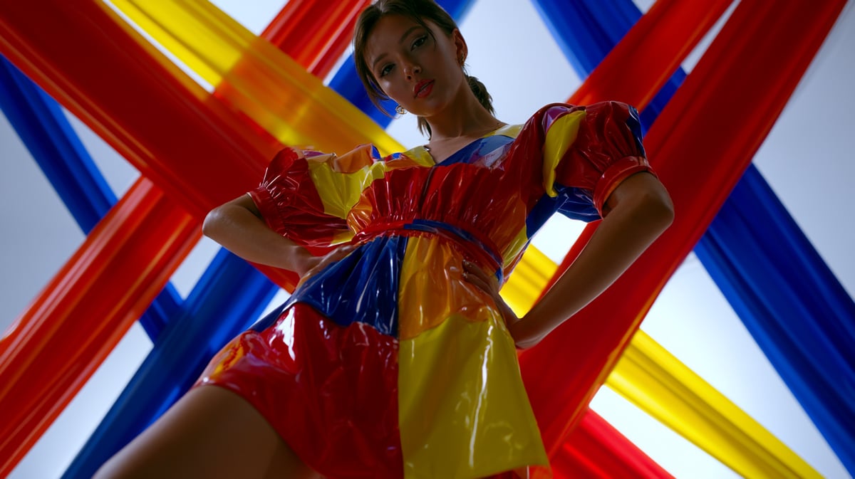 A fast-paced 16:9 cinematic pop-fashion trailer shot. A minimalist white space sliced by sharp, overlapping streaks of pure primary red, royal blue, and bright yellow light. Glossy color-blocked patent leather garments and accessories cutting through the frame with dynamic motion blur. Extreme color saturation, commercial studio lighting, futuristic lookbook aesthetic