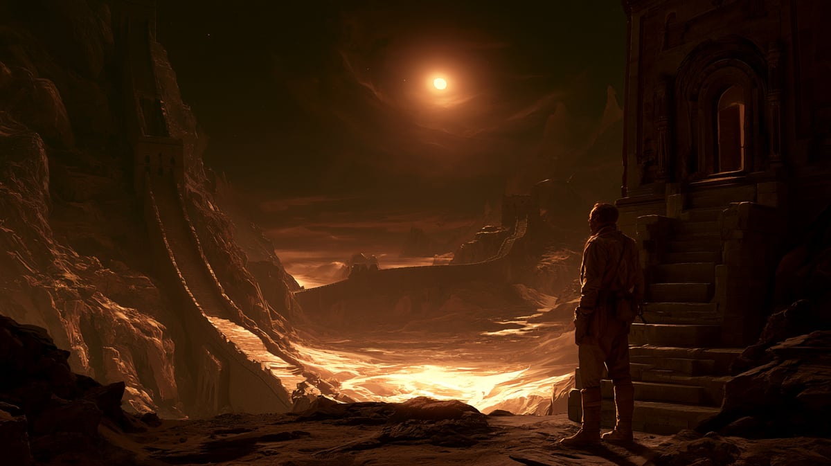 An expansive, sweeping 16:9 vertical wide-angle shot of a winding Great Wall segment, massive stone structures snake across a dramatic mountain landscape under a rich amber and gold light from a distant sun. A solitary character, clad in period exploration gear, stands at a watchtower, looking towards the vast horizon. Hyper-detailed, 8K render, cinematic epic scale