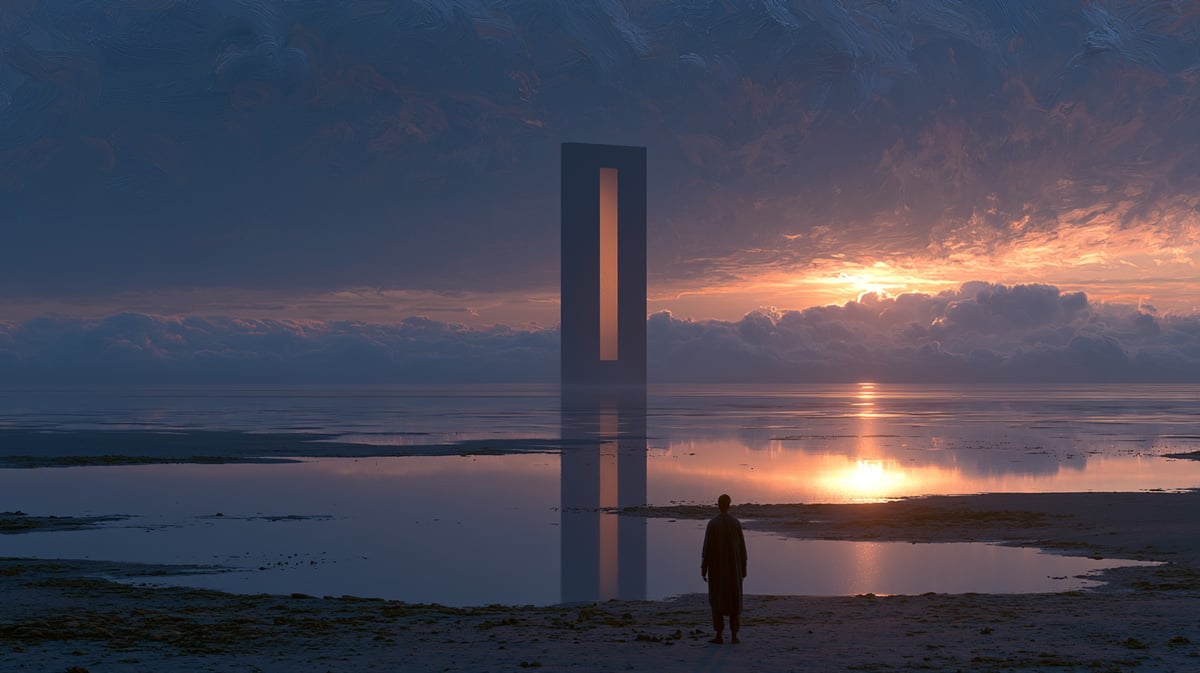 A surrealist art fantasy 16:9 movie trailer scene. A character in minimalist attire stands inside a vast, dreamlike landscape where the sky is made of fluid impressionist brushstrokes and melting colors. Giant surreal floating canvas frames drift in the air, reflecting a golden sunrise. Magical realism, poetic atmosphere, hyper-detailed textures