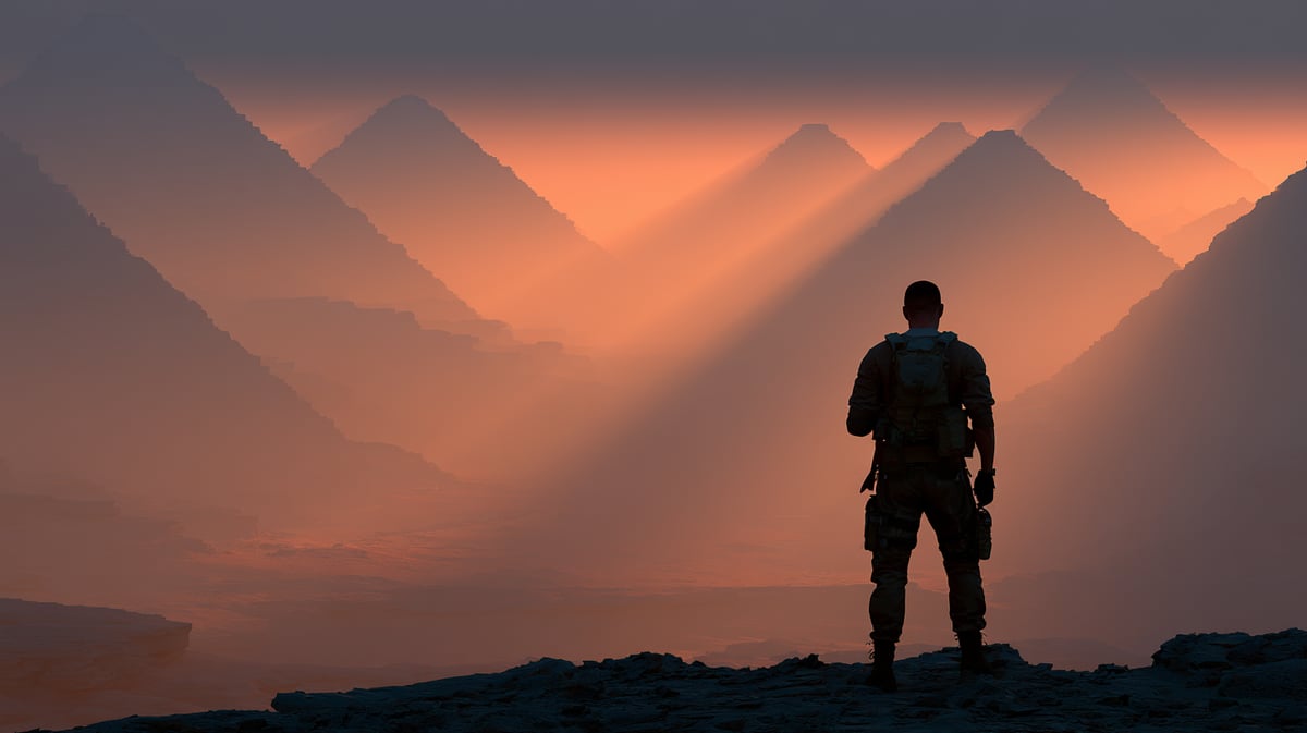 A grand, majestic 16:9 horizontal landscape view of the Giza Pyramids at dawn, with a character (archeologist or adventurer) in tactical exploration gear on a rocky outcrop, looking out at the massive structures as the first rays of sun paint the sky in deep gold and orange tones. Dust particles catch the light, creating dramatic lines. Epic scale, highly detailed, photorealistic masterwork.