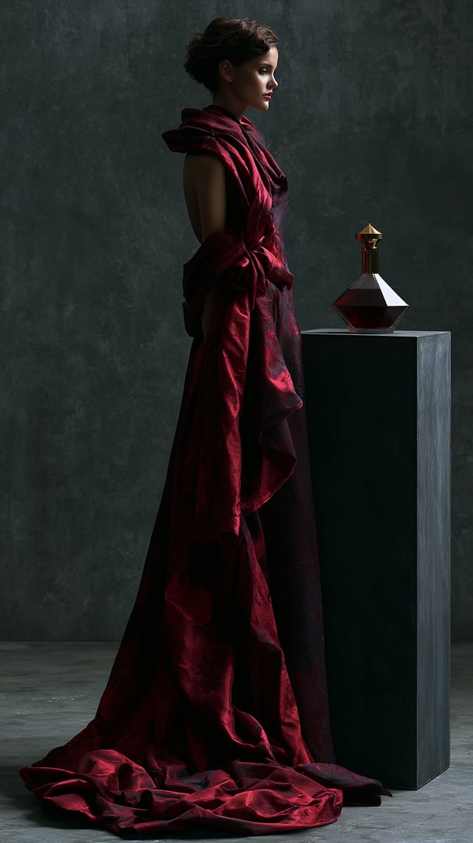 An elegant high-end fashion magazine editorial close-up featuring deep crimson red luxury silk fabric draping over a minimalist matte-black concrete pedestal, holding a geometric glass perfume bottle. Dramatic spotlight illumination highlights liquid-like textures and gold metal accents. High contrast, Vogue aesthetic.