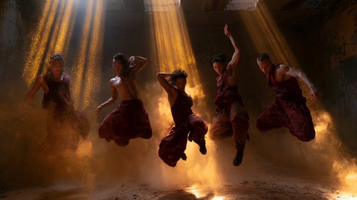 A hyper-dynamic 16:9 movie trailer scene. An explosive breakdancing crew of five powerful dancers captured mid-air performing a synchronized complex move inside a gritty, underground concrete warehouse. Shafts of dramatic golden spotlight cut through heavy dust and smoke in the air, creating radiating waves of yellow light particles and streaks vertically, freezing sweat and particles. Raw athletic energy, intense contrast, high-speed photography style, filmic quality