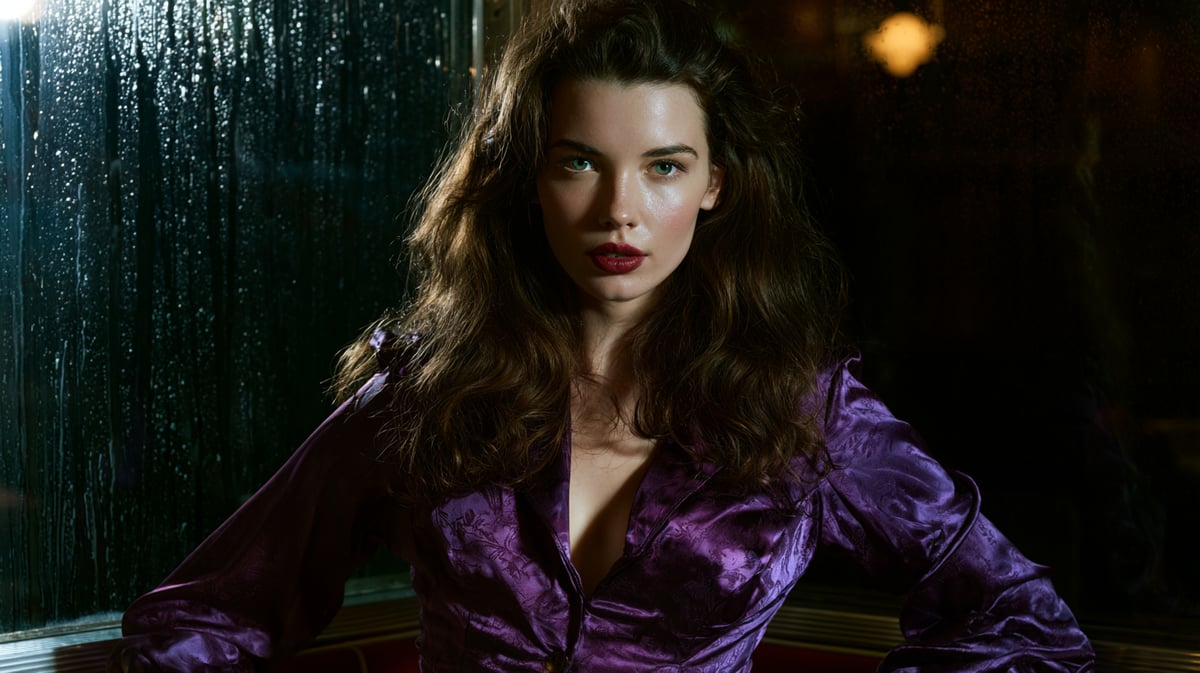 An exquisite, dimly lit 16:9 vertical portrait capturing glamorous noir romance. A mysterious female model with 1940s vintage styling, dark wave hair, and a deep expression, is seen under dramatic shadow in a classic American diner corner. Only her face and violet silk blouse textures are highlighted by a narrow beam of light. Rain streaks the window behind her. Deep shadows, cinematic, highly detailed.