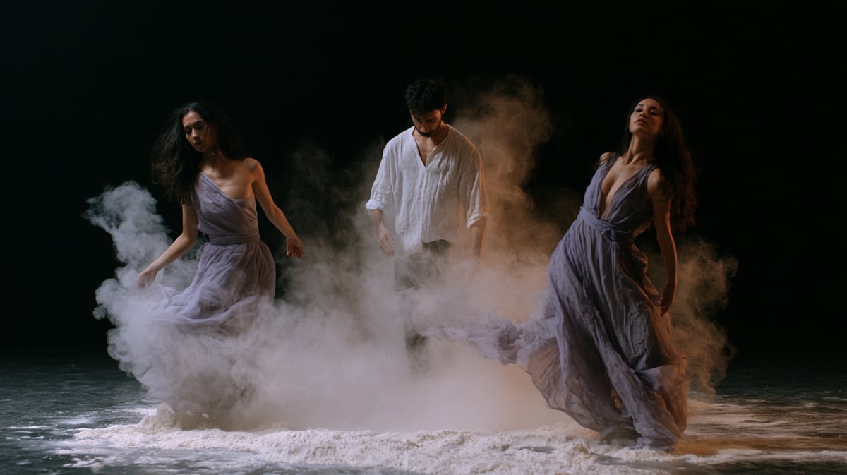 A poetic and emotional 16:9 contemporary dance film trailer scene. A fluid, sculptural trio dance performance (two female, one male) on a minimalist dark stage covered in a thin layer of white flour. The dancers' sweeping movements launch elegant white dust trails into the air, beautifully illuminated by a single warm side-light. Artistic chiaroscuro, raw emotion, textured depth, cinematic film grain