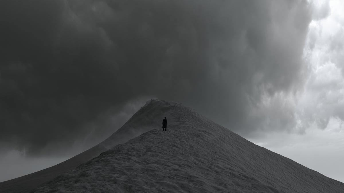 An avant-garde 16:9 minimalist art cinema trailer scene in rich, deep-toned black and white. A lone character stands on a colossal, desolate sand dune that stretches infinitely into a dark, heavily textured stormy sky. The wind whips fine grains of white sand across the pitch-black landscape. Deep focus, incredible textual detail, majestic and poetic scale, high-end film festival aesthetic