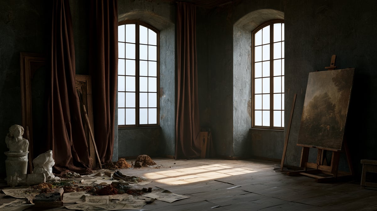 An intimate 16:9 historical drama trailer scene themed around fine art. A Renaissance artist's workshop filled with scattered sketches, raw pigment powders, and marble sculptures. Dramatic Vermeer-style north-light streams through a large window, cutting through the dusty dark space and illuminating a half-finished oil painting on canvas. Deep rich textures, classical composition, filmic quality