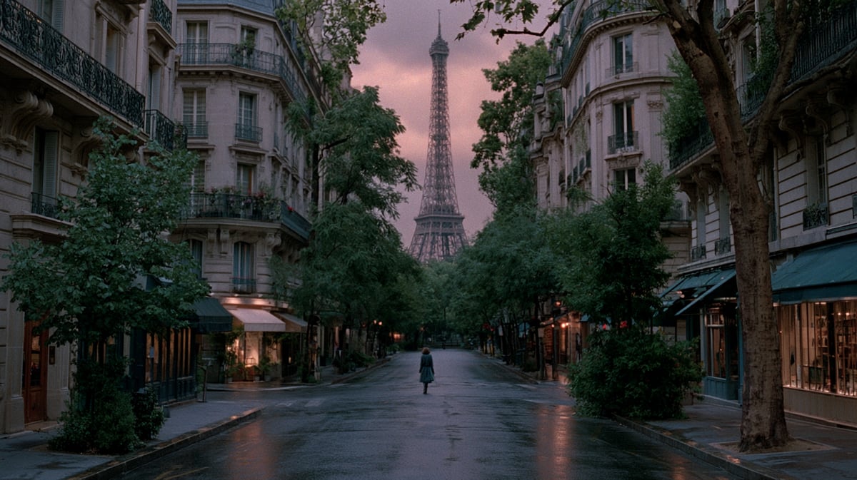 A moody, rain-slicked Paris street scene at dusk, looking down a wide avenue towards the silhouette of the Eiffel Tower, diffused golden light filtering through rain clouds and reflecting on cobblestones. A lone, distant figure with a dark trench coat walks away. Shot on 16mm film, grainy texture, muted yet warm color grading.