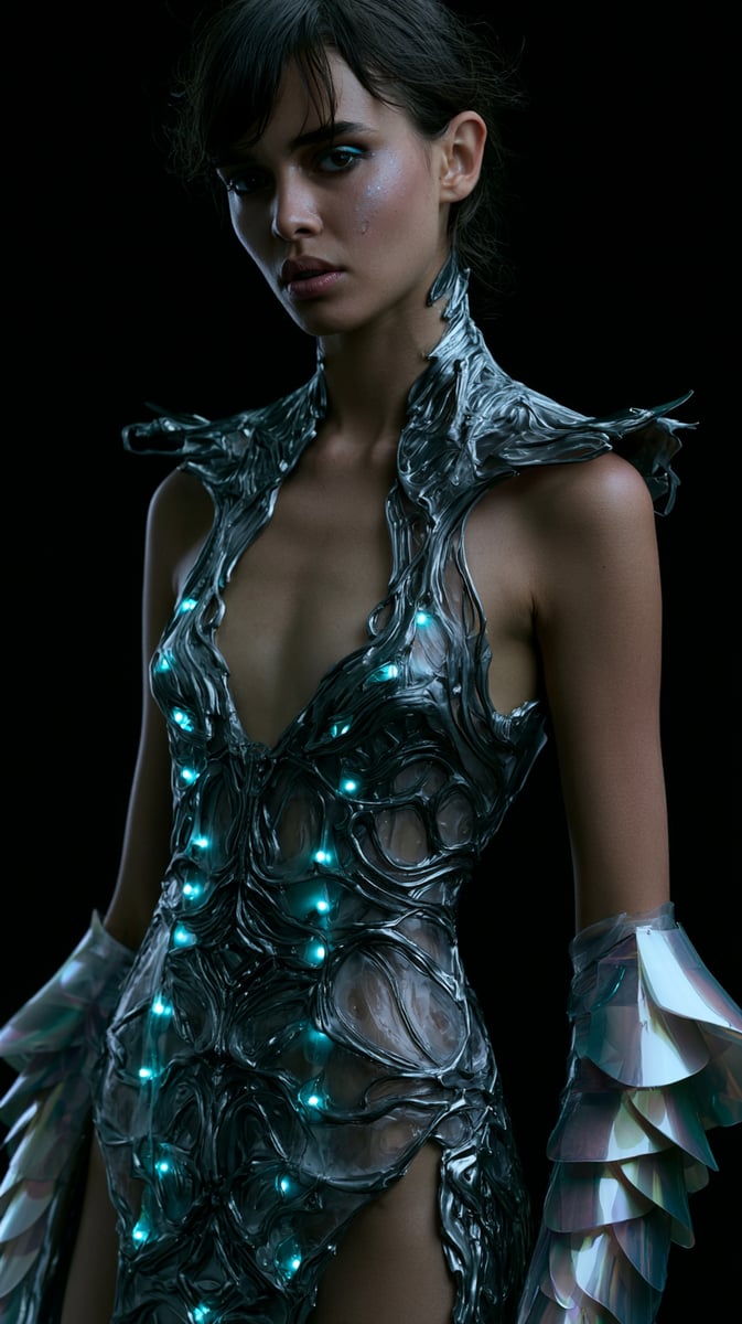 A striking 9:16 vertical portrait for a high-fashion magazine editorial. A single model, a powerful and serene figure with sleek cybernetic makeup, stands against a seamless, matte-black, non-reflective void. The model wears an avant-garde armor-like dress made of sculpted silver metal, translucent resin, and embedded cyan LED lights that pulse softly. Large, iridescent, multi-layered gauntlets. Extreme close-up shot focusing on textures and the intersection of light and material. The mood is powerful and forward-looking. Hyper-detailed, 8k resolution, cinematic lighting, photorealistic.