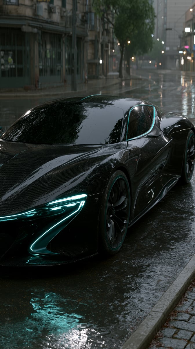 A dramatic and extreme close-up of a sleek, black electric sports car accelerating on a rainy future city street at night. Intense electric teal and neon cyan LED light strips cast sharp reflections on its polished surfaces, capturing speed and technology. Focus on carbon fiber textures. Hyper-detailed, 8k render, cinematic lighting, photorealistic.