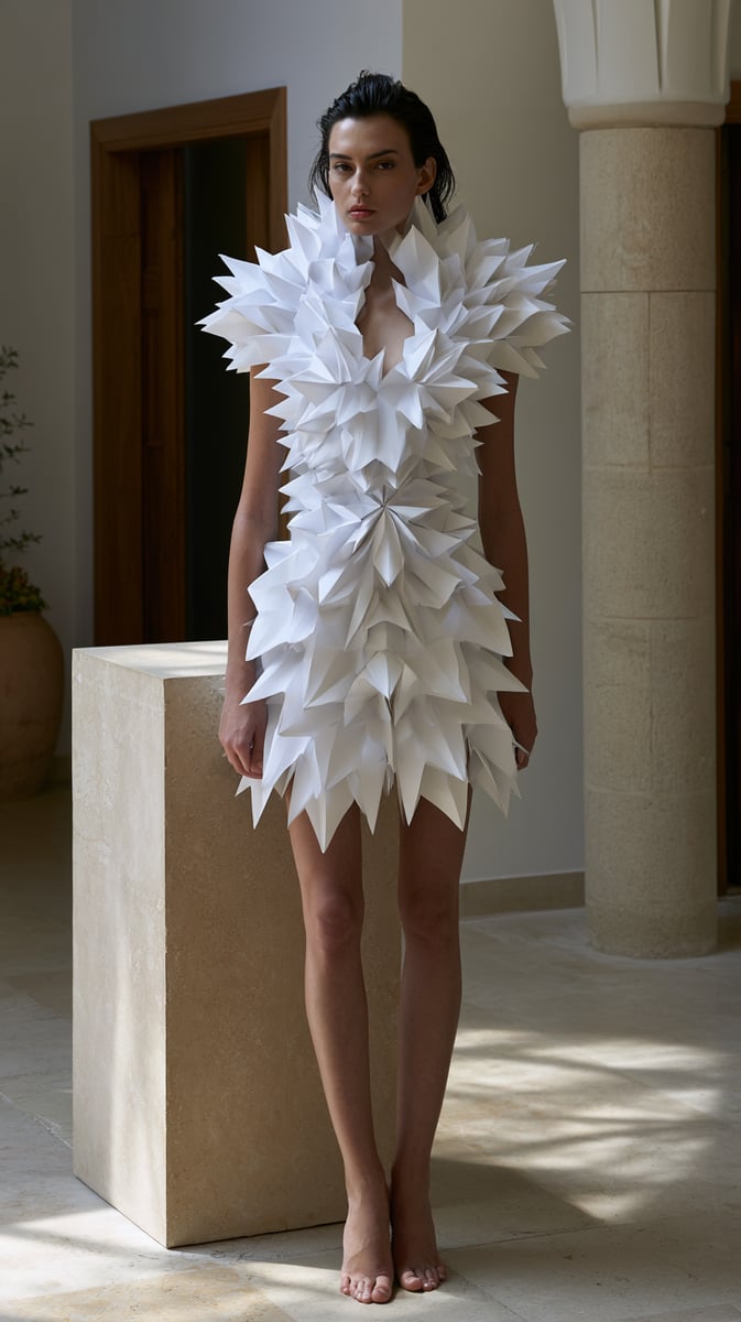 A sculptural haute couture garment piece made of sharp, folded matte-white origami structures, displayed on a beige stone block, soft shadows, architectural fashion editorial, clean and sophisticated
