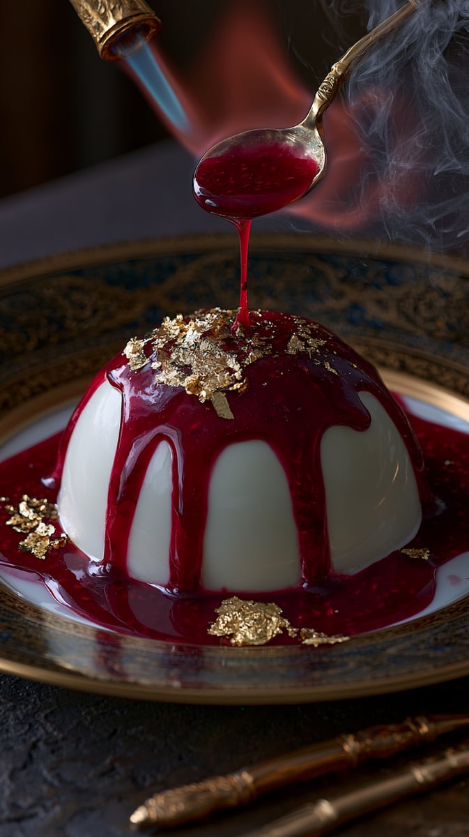 A high-end gastronomy texture close-up. A dynamic close-up of a chef torching a modern white chocolate dome dessert in a misty fine dining restaurant, with rich crimson raspberry glaze smoothly pouring over it, garnished with edible gold. Hyper-detailed textures of gold, chocolate, sauce. Artistic.