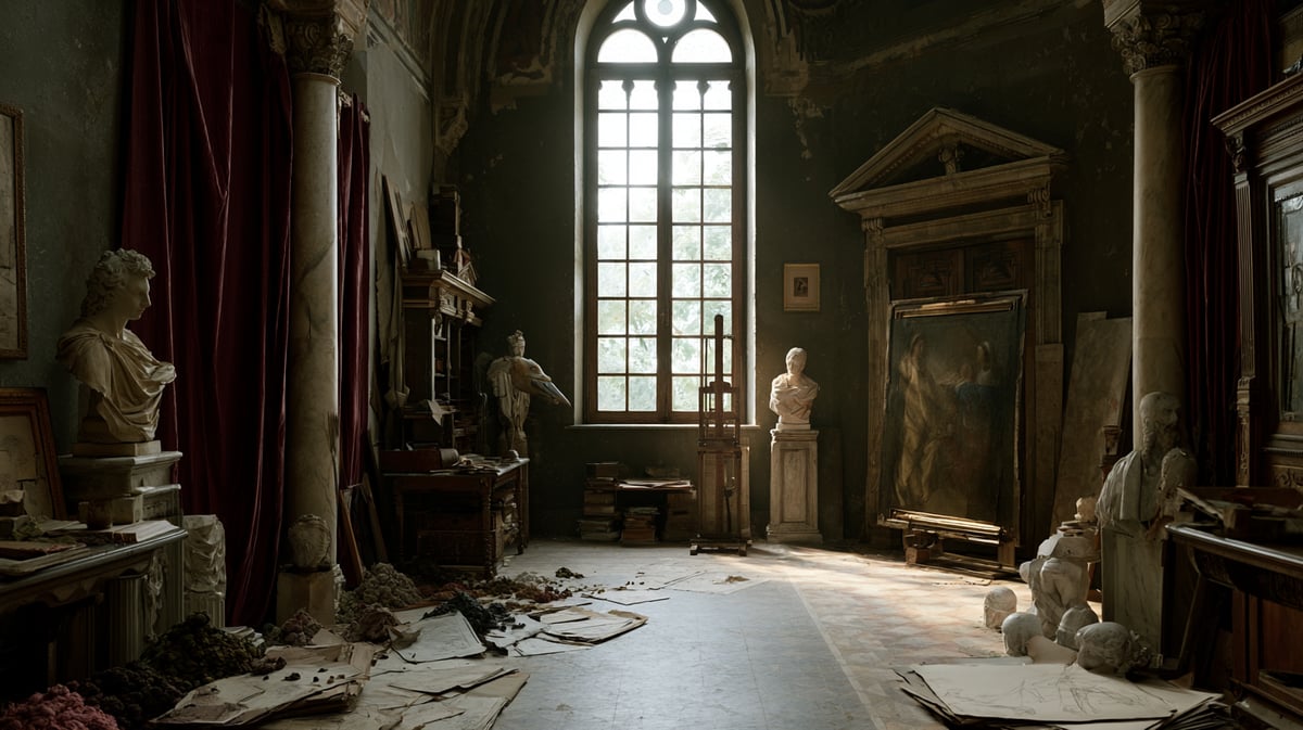 An intimate 16:9 historical drama trailer scene themed around fine art. A Renaissance artist's workshop filled with scattered sketches, raw pigment powders, and marble sculptures. Dramatic Vermeer-style north-light streams through a large window, cutting through the dusty dark space and illuminating a half-finished oil painting on canvas. Deep rich textures, classical composition, filmic quality
