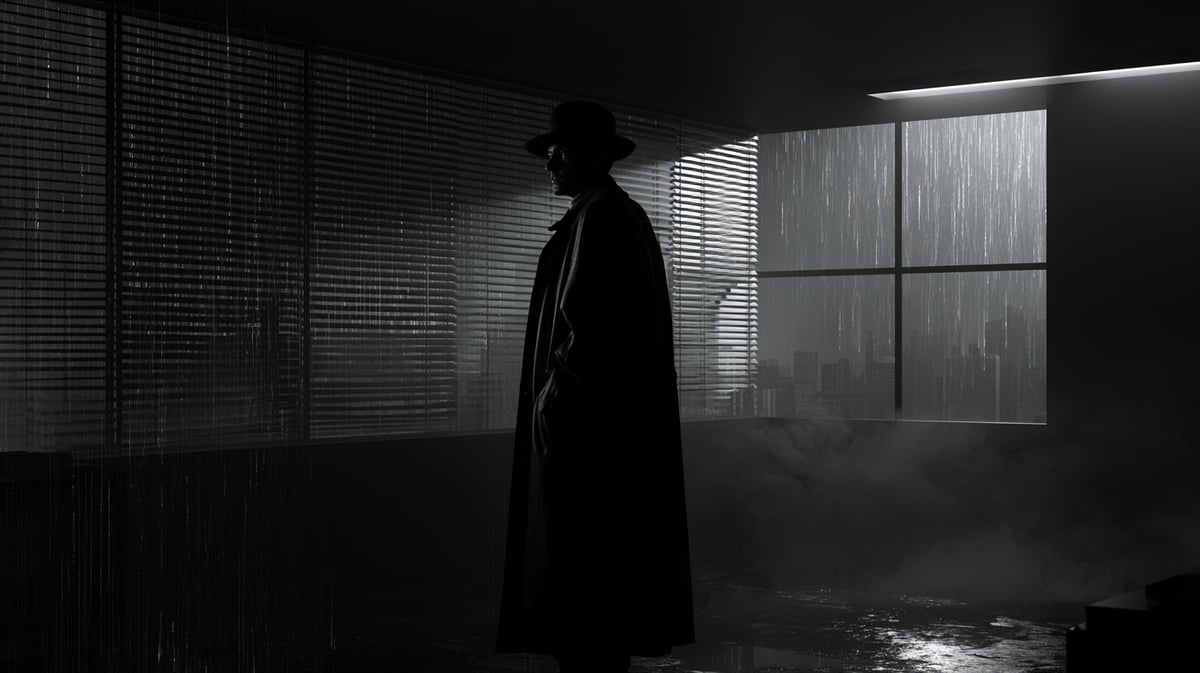 A classic 16:9 film noir crime thriller trailer scene in crisp, dramatic black and white. Rain streaks down a large office window, casting sharp, graphic venetian blind shadows across a dark room. A silhouette of a mysterious figure stands in the smoke-filled space, looking out at the moody city grid. Extreme high-contrast chiaroscuro lighting, deep rich blacks, grainy analog film texture