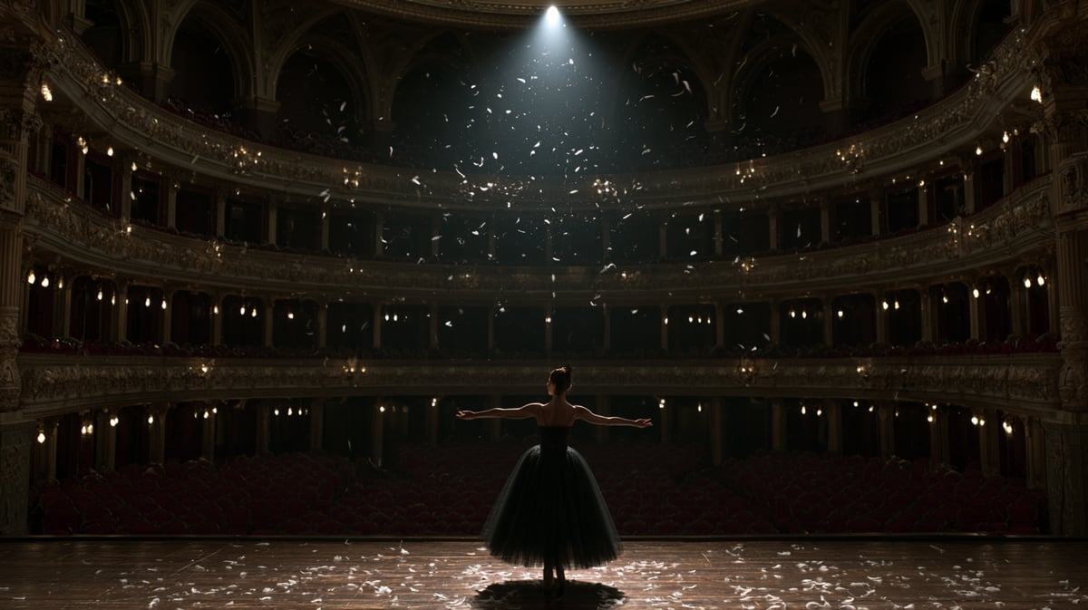 A tense, psychological 16:9 ballet drama movie trailer scene. A lone quartet of ballerinas in avant-garde dark tutus stands in a dramatic, frozen pose center-stage of a grand, dim gothic theater. A sharp, overhead white spotlight pierces the darkness, highlighting floating feathers and dust motes in the air. High contrast, intense atmosphere, cinematic depth of field, striking composition