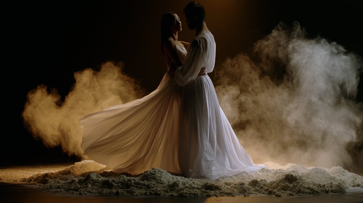 A poetic and emotional 16:9 contemporary dance film trailer scene. A fluid, sculptural duet dance performance on a minimalist dark stage covered in a thin layer of white flour. The dancers' sweeping movements launch elegant white dust trails into the air, beautifully illuminated by a single warm side-light. Artistic chiaroscuro, raw emotion, textured depth, cinematic film grain
