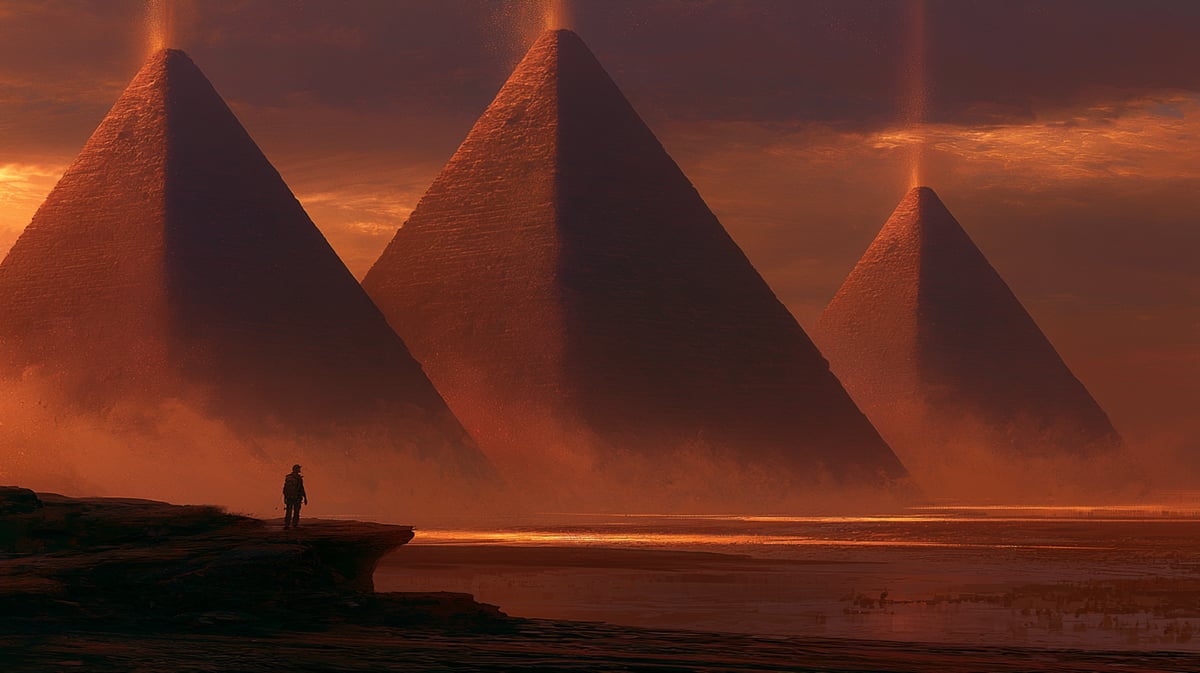 A grand, majestic 16:9 horizontal landscape view of the Giza Pyramids at dawn, with a character (archeologist or adventurer) in tactical exploration gear on a rocky outcrop, looking out at the massive structures as the first rays of sun paint the sky in deep gold and orange tones. Dust particles catch the light, creating dramatic lines. Epic scale, highly detailed, photorealistic masterwork.