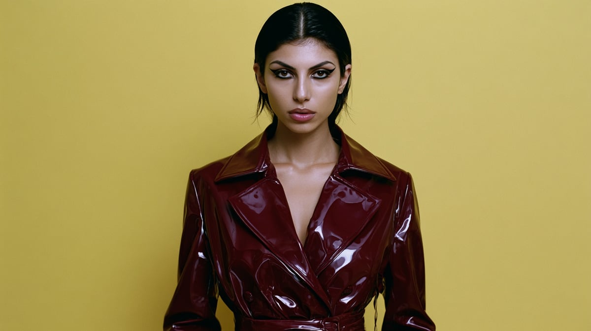 A cinematic 16:9 fashion film trailer scene inspired by 1960s French New Wave cinema. A model with sharp graphic eyeliner stands against a solid canary yellow wall, wearing a structured glossy crimson red vinyl trench coat. Intense primary color blocking, high-contrast directional studio lighting, rich analog film texture, vibrant color saturation, Vogue editorial style