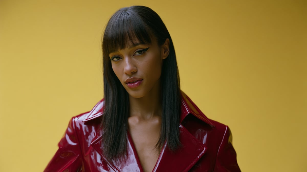 A cinematic 16:9 fashion film trailer scene inspired by 1960s French New Wave cinema. A model with sharp graphic eyeliner stands against a solid canary yellow wall, wearing a structured glossy crimson red vinyl trench coat. Intense primary color blocking, high-contrast directional studio lighting, rich analog film texture, vibrant color saturation, Vogue editorial style