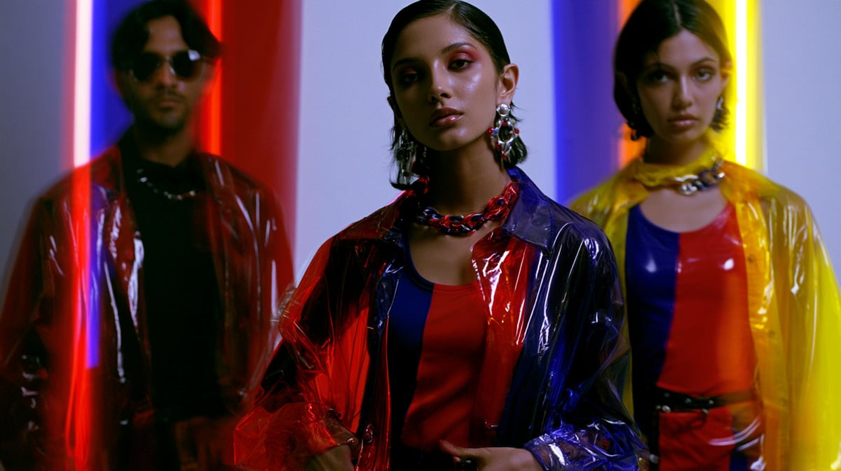 A fast-paced 16:9 cinematic pop-fashion trailer shot. A minimalist white space sliced by sharp, overlapping streaks of pure primary red, royal blue, and bright yellow light. Glossy color-blocked patent leather garments and accessories cutting through the frame with dynamic motion blur. Extreme color saturation, commercial studio lighting, futuristic lookbook aesthetic