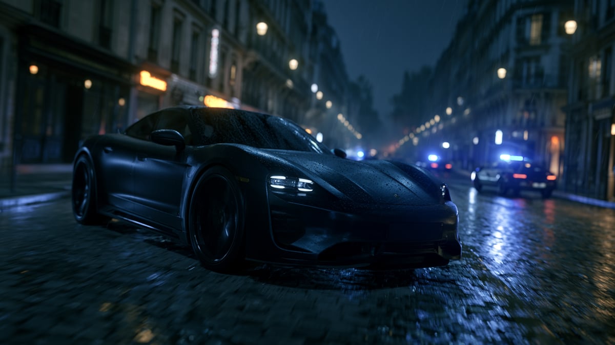 A fast-paced 16:9 vertical low-angle tracking shot capturing a sleek, matte-black electric sports car accelerating on a rainy, cobblestone European street at night. Neon signs reflect on the wet pavement. Multiple pursuit vehicles with flashing blue lights are in a high-speed chase. Explosive energy, motion blur, sharp color gels, hyper-realistic, high contrast