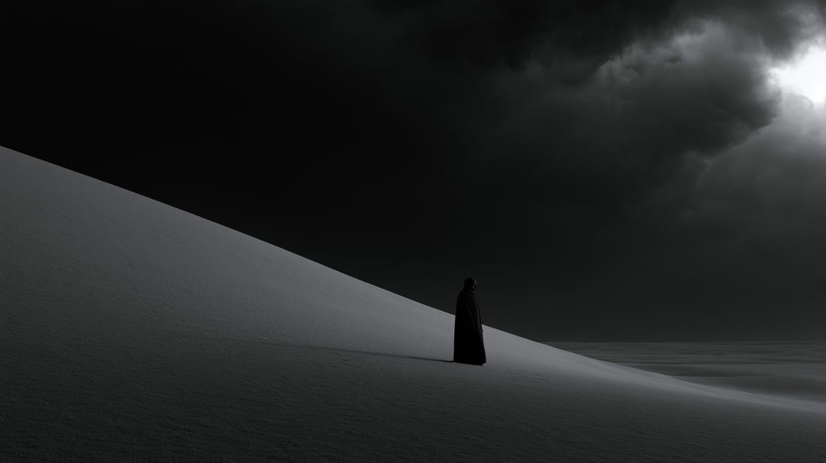 An avant-garde 16:9 minimalist art cinema trailer scene in rich, deep-toned black and white. A lone character stands on a colossal, desolate sand dune that stretches infinitely into a dark, heavily textured stormy sky. The wind whips fine grains of white sand across the pitch-black landscape. Deep focus, incredible textual detail, majestic and poetic scale, high-end film festival aesthetic