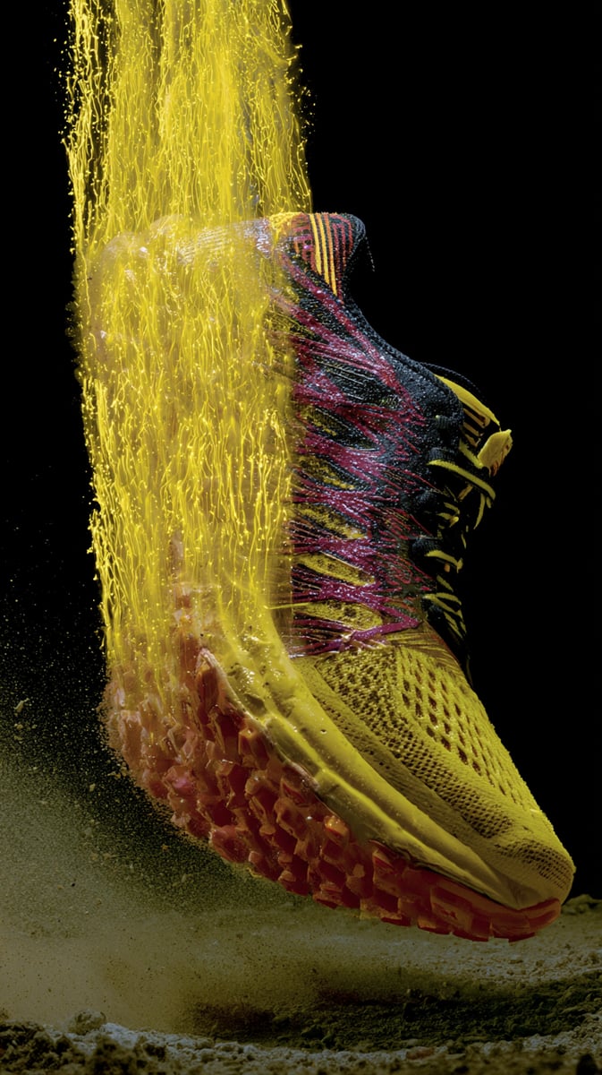 A powerful dynamic macro close-up of a high-performance running shoe in bright sun-yellow and crimson red. From its sole, a burst of glowing yellow light particles and streaks radiates vertically, capturing explosive energy and motion. Sharp focus on technical mesh, sweat, dust in the air. High speed photography.