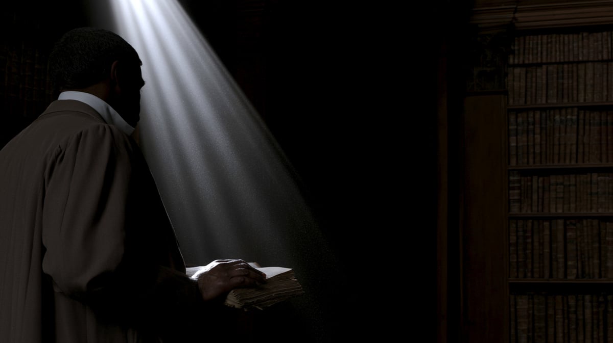 A dark and moody 16:9 cinematic horizontal shot inside an ancient London library with rich, dark wood tones. A detailed close-up of a character's hand on a worn, open book, illuminated by a single, focused light beam from a distant window, with floating dust motes and textures visible. The background is a dense collection of old books. Deep rich mid-tones, dramatic lighting, detailed composition.
