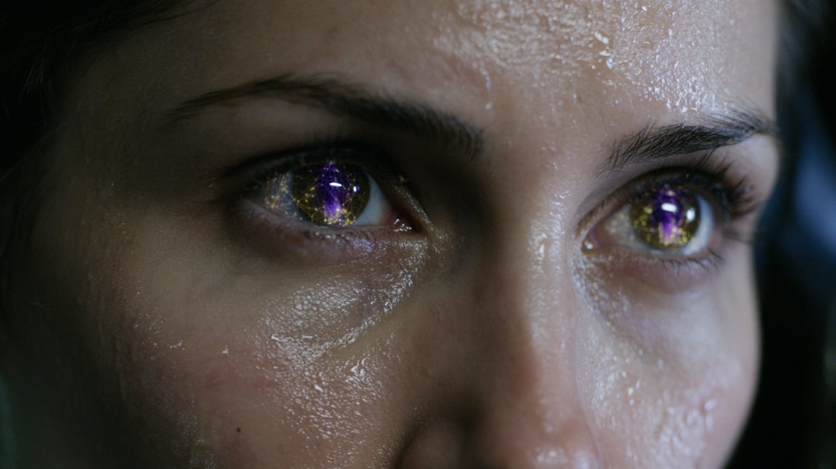 A tense, extreme close-up 16:9 vertical shot of an operative's face in a dimly lit high-rise server room. Their eyes are wide with focus, reflecting intricate holographic neural network data structures glowing with deep violet and gold light. Sweat and rain reflections catch precise light, creating deep shadows. High-tech equipment, 8K masterwork, dramatic commercial style