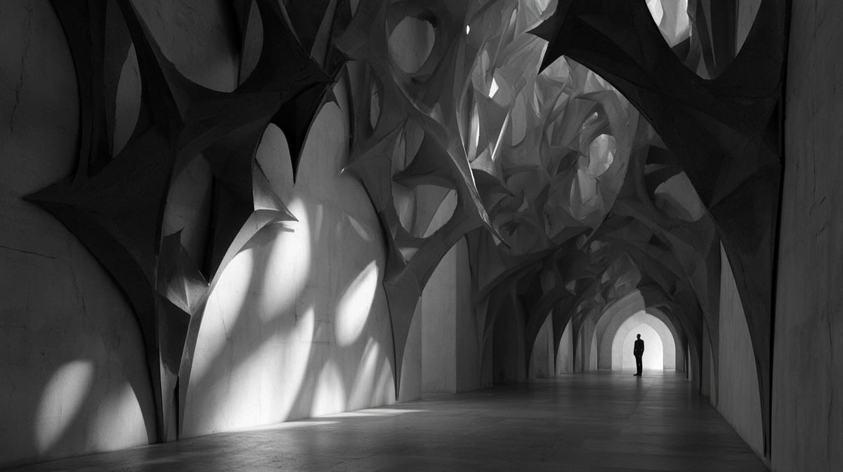 A striking 16:9 German Expressionist psychological thriller trailer scene, monochrome black and white. Surreal, distorted architectural corridors with sharp, jagged angles and towering, stylized geometric shadows stretching along the pale concrete walls. A single ominous silhouette stands perfectly framed at the end of the long hallway. Intense shadow play, dramatic composition, artistic silent film vibe