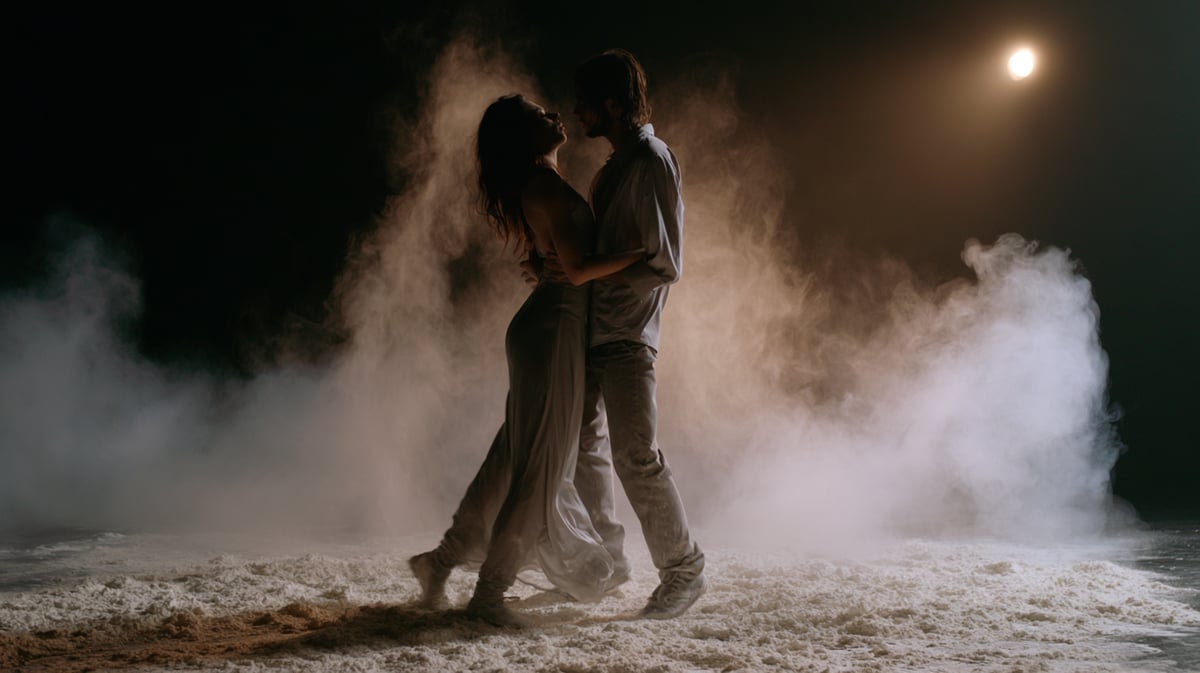 A poetic and emotional 16:9 contemporary dance film trailer scene. A fluid, sculptural duet dance performance on a minimalist dark stage covered in a thin layer of white flour. The dancers' sweeping movements launch elegant white dust trails into the air, beautifully illuminated by a single warm side-light. Artistic chiaroscuro, raw emotion, textured depth, cinematic film grain
