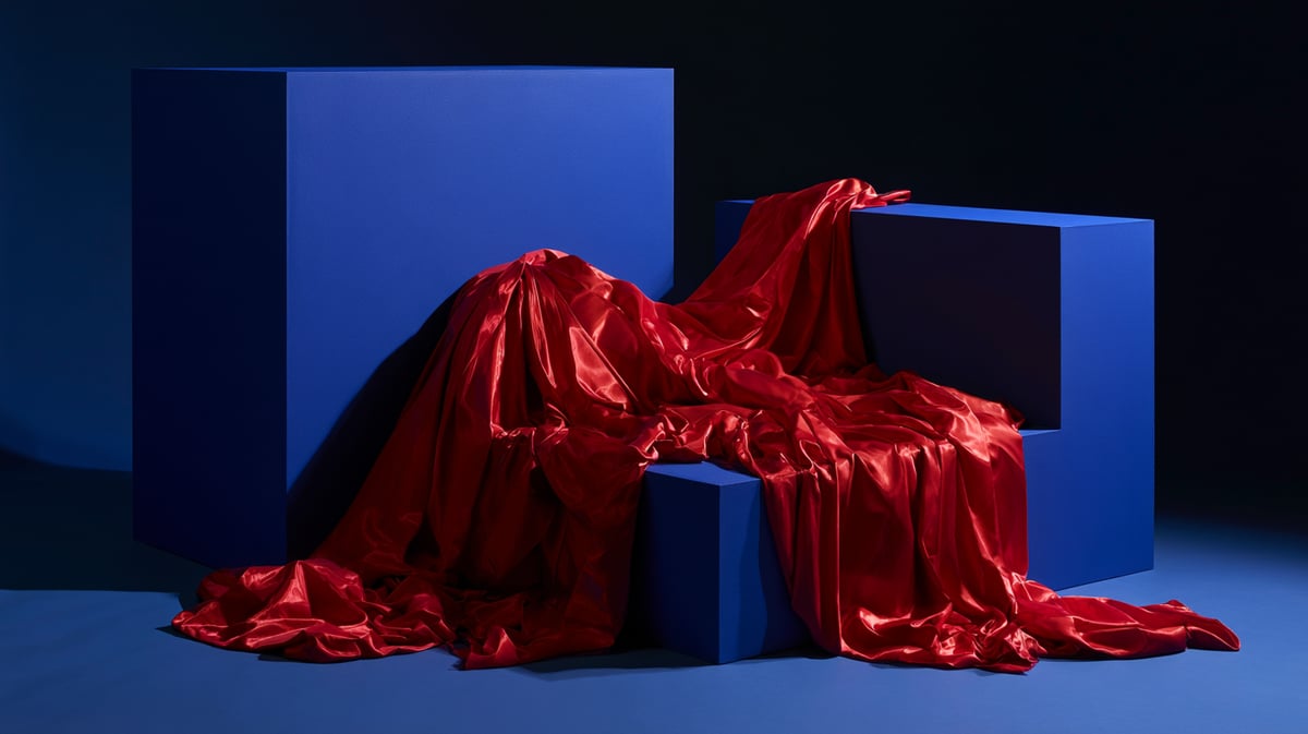 A striking 16:9 cinematic fashion editorial scene. Minimalist geometric blocks painted in pure matte cobalt blue fill the frame. Flowing, sculptural high-fashion couture made of glossy primary red silk drapes elegantly over the blue shapes. High-contrast lighting casting bold geometric shadows, ultra-vivid primary colors, high-end commercial look