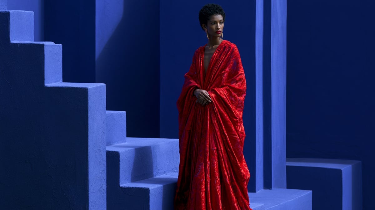 A striking 16:9 cinematic fashion editorial scene. Minimalist geometric blocks painted in pure matte cobalt blue fill the frame. Flowing, sculptural high-fashion couture made of glossy primary red silk drapes elegantly over the blue shapes. High-contrast lighting casting bold geometric shadows, ultra-vivid primary colors, high-end commercial look
