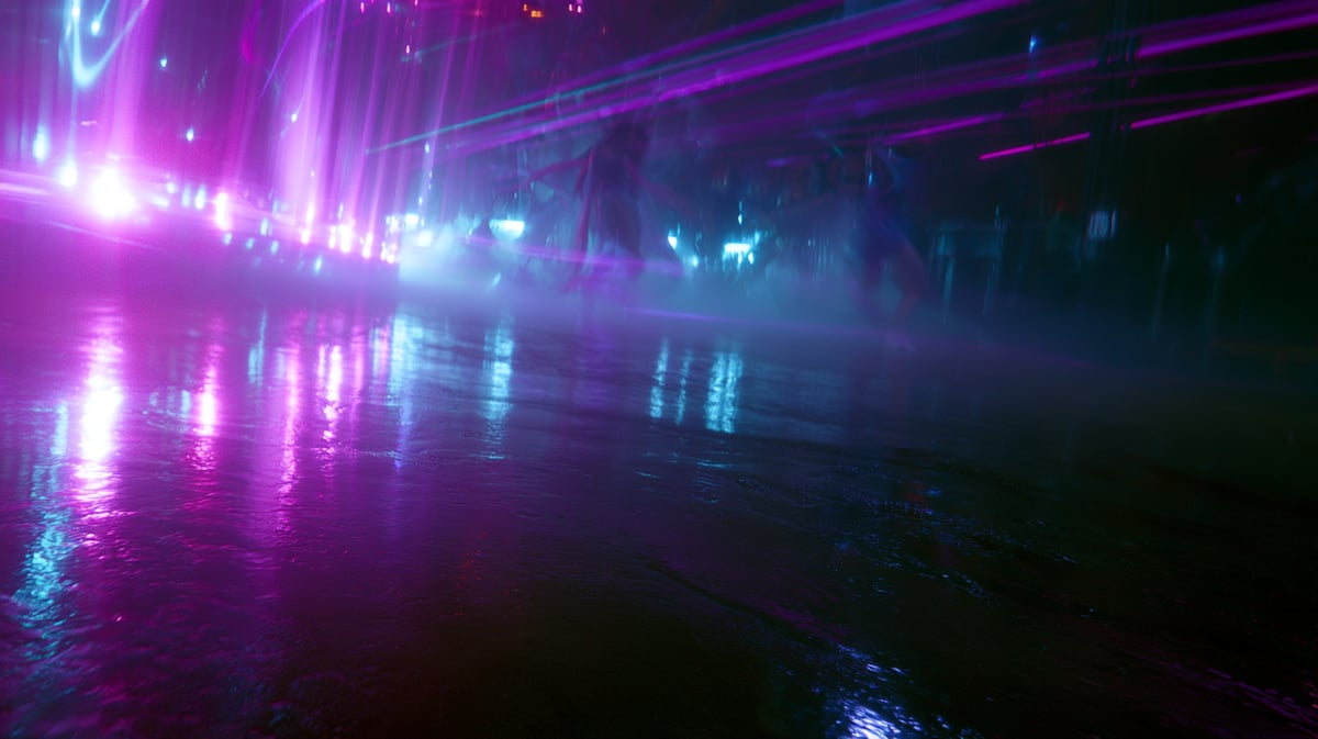 A fast-paced, high-saturation 16:9 electronic dance film trailer scene. A dynamic dancer performing fluid voguing and popping moves inside a futuristic cyberpunk underground club. The wet concrete floor perfectly reflects towering neon magenta and cyan strobe lights, creating vibrant colored light trails across the wide frame. High energy, ultra-modern aesthetic, sharp contrast