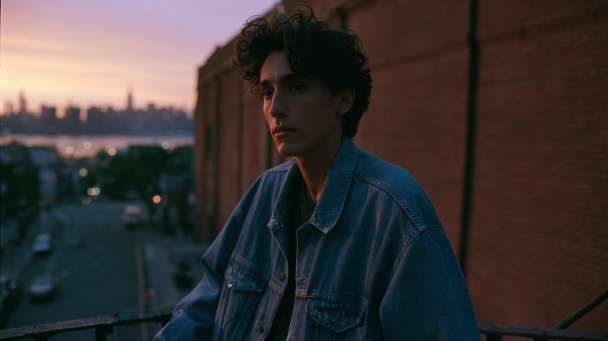 A cinematic wide shot film still from an indie drama set in Bushwick, Brooklyn at dusk. A lone protagonist in a vintage denim jacket stands on a fire escape, silhouetted against a fading orange and purple sky. The setting sun catches the red brick texture of a large industrial warehouse. In the background, the Manhattan skyline is visible across the river with lights starting to twinkle. The street below is slightly blurred with moving traffic. Shot on 16mm film, natural grainy texture, muted but warm color grade, inspired by the cinematography of Frances Ha.