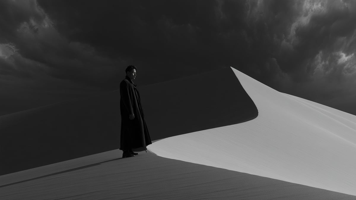 An avant-garde 16:9 minimalist art cinema trailer scene in rich, deep-toned black and white. A lone character stands on a colossal, desolate sand dune that stretches infinitely into a dark, heavily textured stormy sky. The wind whips fine grains of white sand across the pitch-black landscape. Deep focus, incredible textual detail, majestic and poetic scale, high-end film festival aesthetic