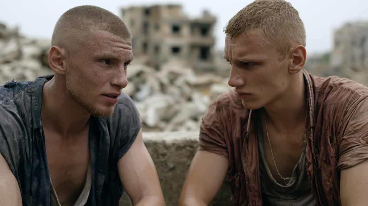A gritty, intimate 16:9 vertical handheld camera shot capturing raw emotion in a desolate war-torn urban environment. Two soldiers, faces strained and sweat-soaked, are exchanging a quick word while crouching behind a concrete wall amidst heavy dust. Rubble and ruined buildings are a blur behind them. Natural ambient light, raw film quality, hyper-detailed textures, emotional
